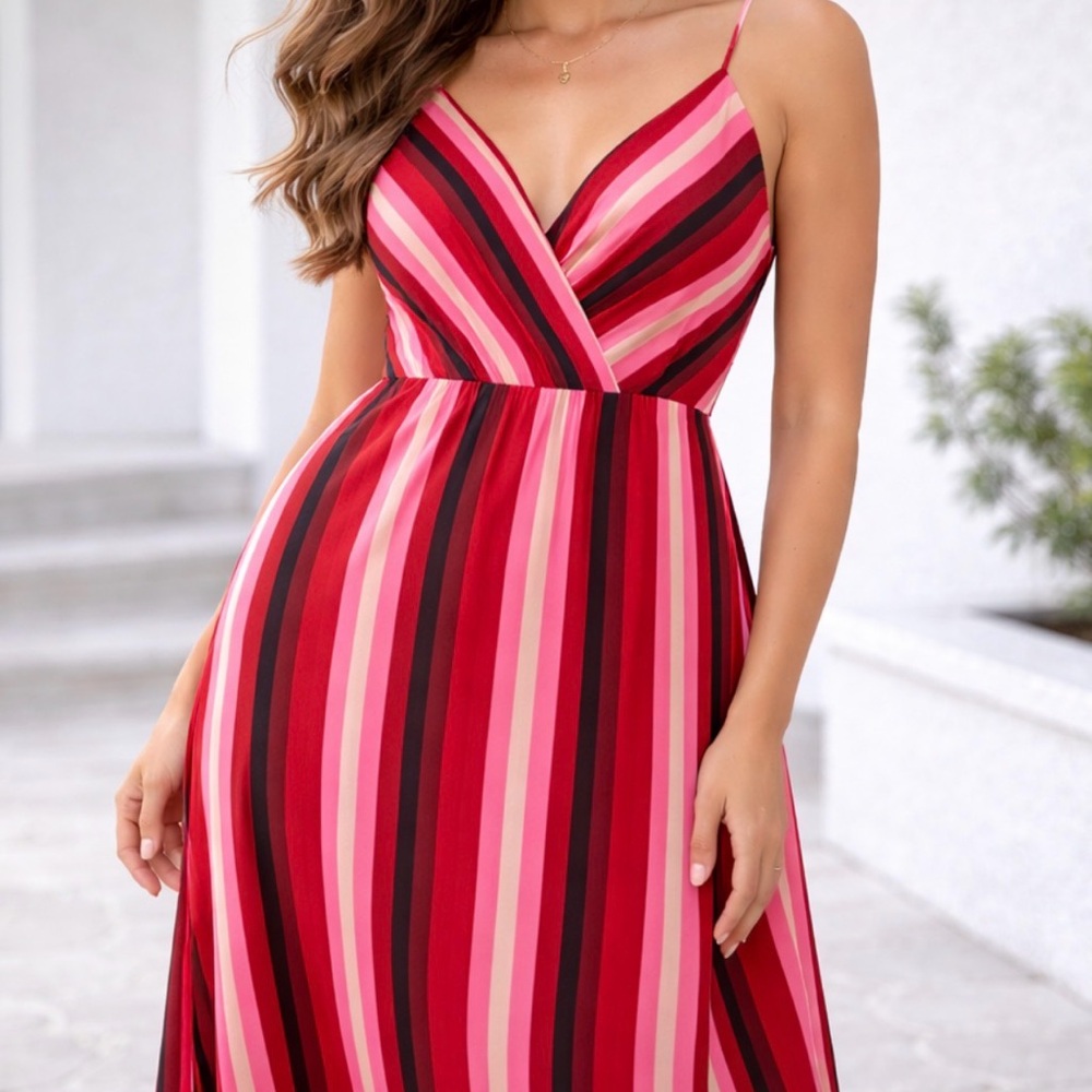 Wayf Red and Pink Striped Maxi Dress
